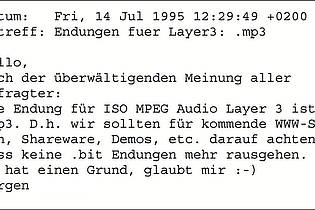 -/Fraunhofer IIS/dpa | Mit dieser E-Mail wurde 1995 der Name der Dateiendung .mp3 besiegelt.