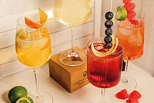 Lantenhammer Destillerie/dpa-tmn | Die Sommer-Cocktails der Destillerie Lantenhammer «Willi Royal» (oben), «Himbeer Spritz» (rechts), «Wilde Heidi» (unten) und «Gipfel Spritz» (links) werden aus Fruchtbrandliqueuren, etwas Saft, Schaumwein oder Tonic Wate