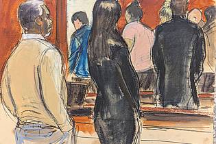 Elizabeth Williams/AP/dpa | Die Gerichtszeichnung stellt Sean «Diddy» Combs am 1.7. mit seinem Verteidigungsteam dar, wie er zusieht, wie die Geschworenen den Gerichtssaal verlassen. 