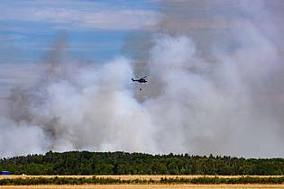 Robert Michael/dpa | Das verheerende Feuer in der Gohrischheide wütet weiter.