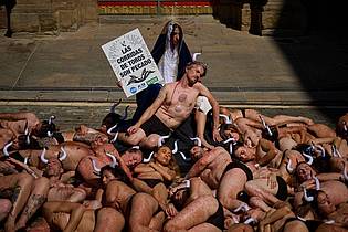 Miguel Oses/AP/dpa | Tierschützer protestieren seit langem vergeblich gegen die Stierhatzen und Stierkämpfe, die sie als Tierquälerei bezeichnen. (Archivbild)